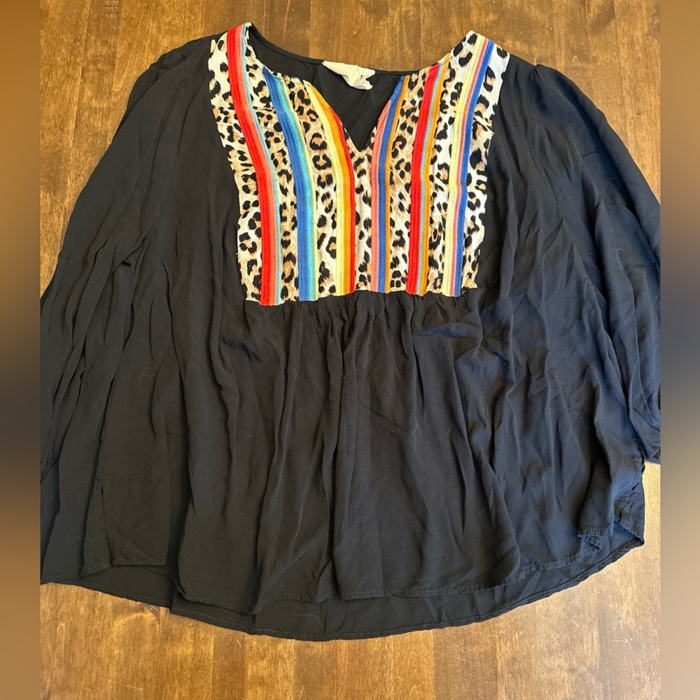 Savanna Jane Top 1X Boho Blouse Black Animal Cheetah Summer Rainbow Resort